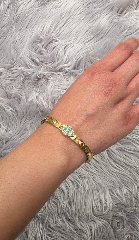 Green Evil Eye Cuff Bracelet – 18K Gold Plated, Waterproof & Hypoallergenic