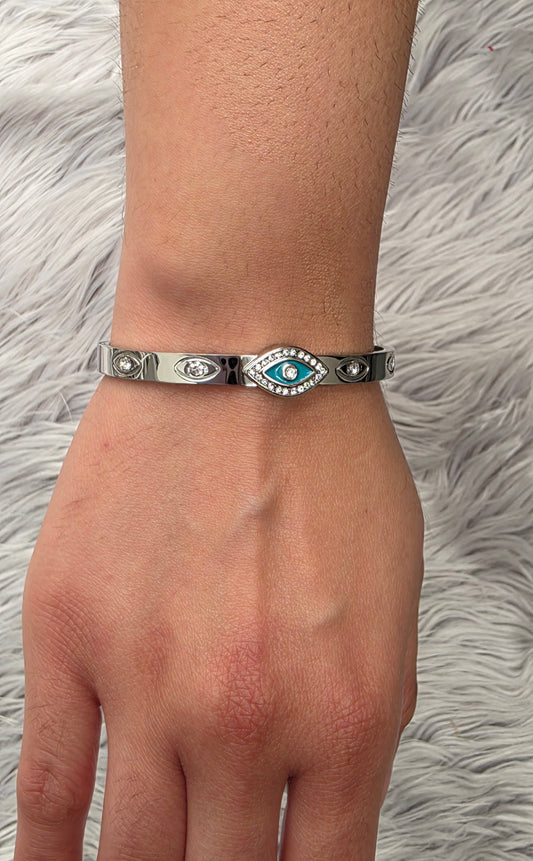 Evil Eye Cuff Bracelet with CZ Stones – Silver Plated, Waterproof & Hypoallergenic