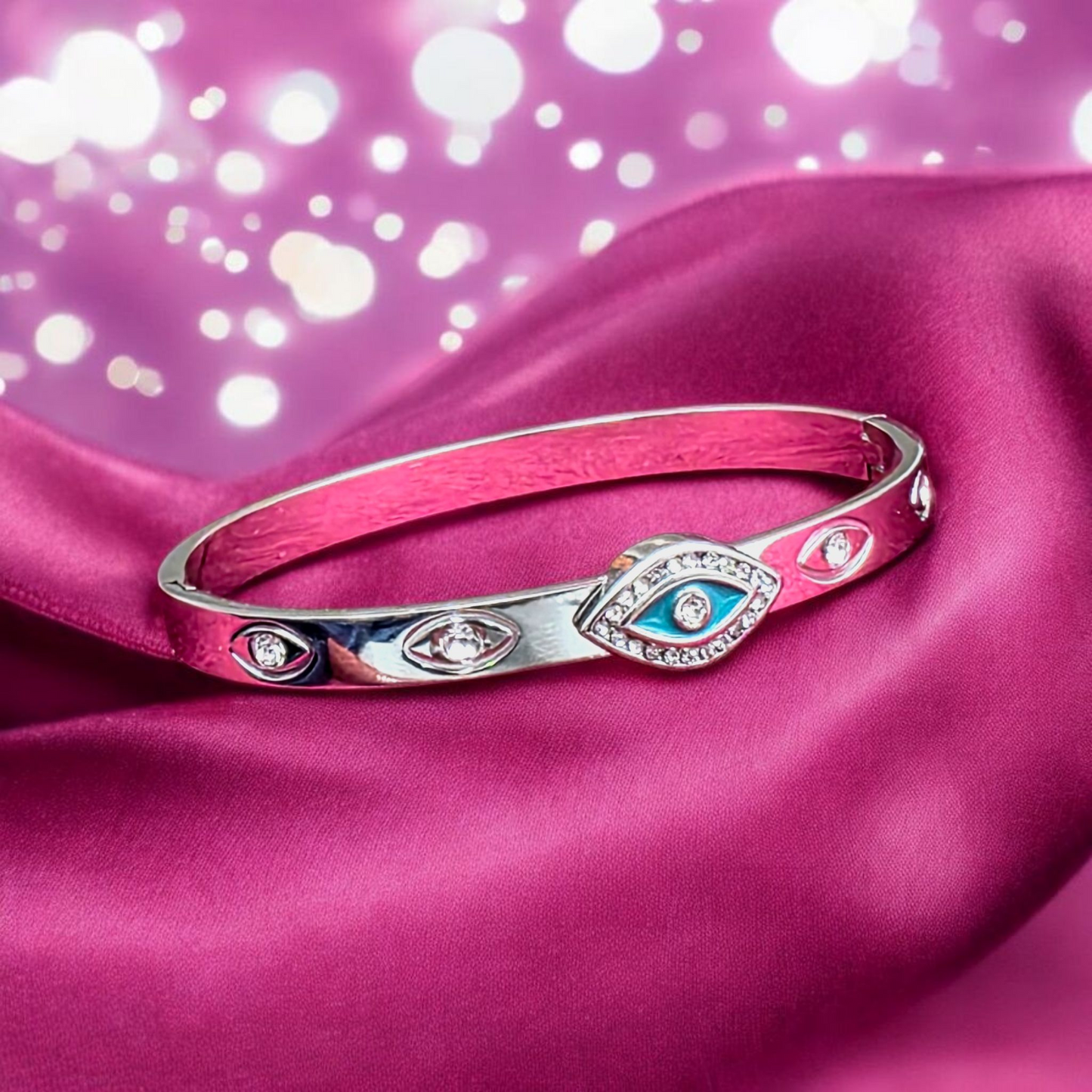 Evil Eye Cuff Bracelet with CZ Stones – Silver Plated, Waterproof & Hypoallergenic