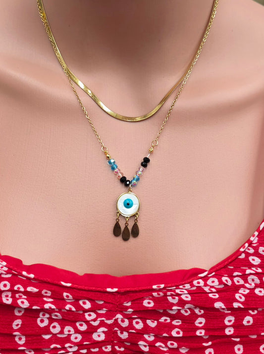 Blue Evil Eye Necklace – Double Chain, 18K Gold-Plated Waterproof