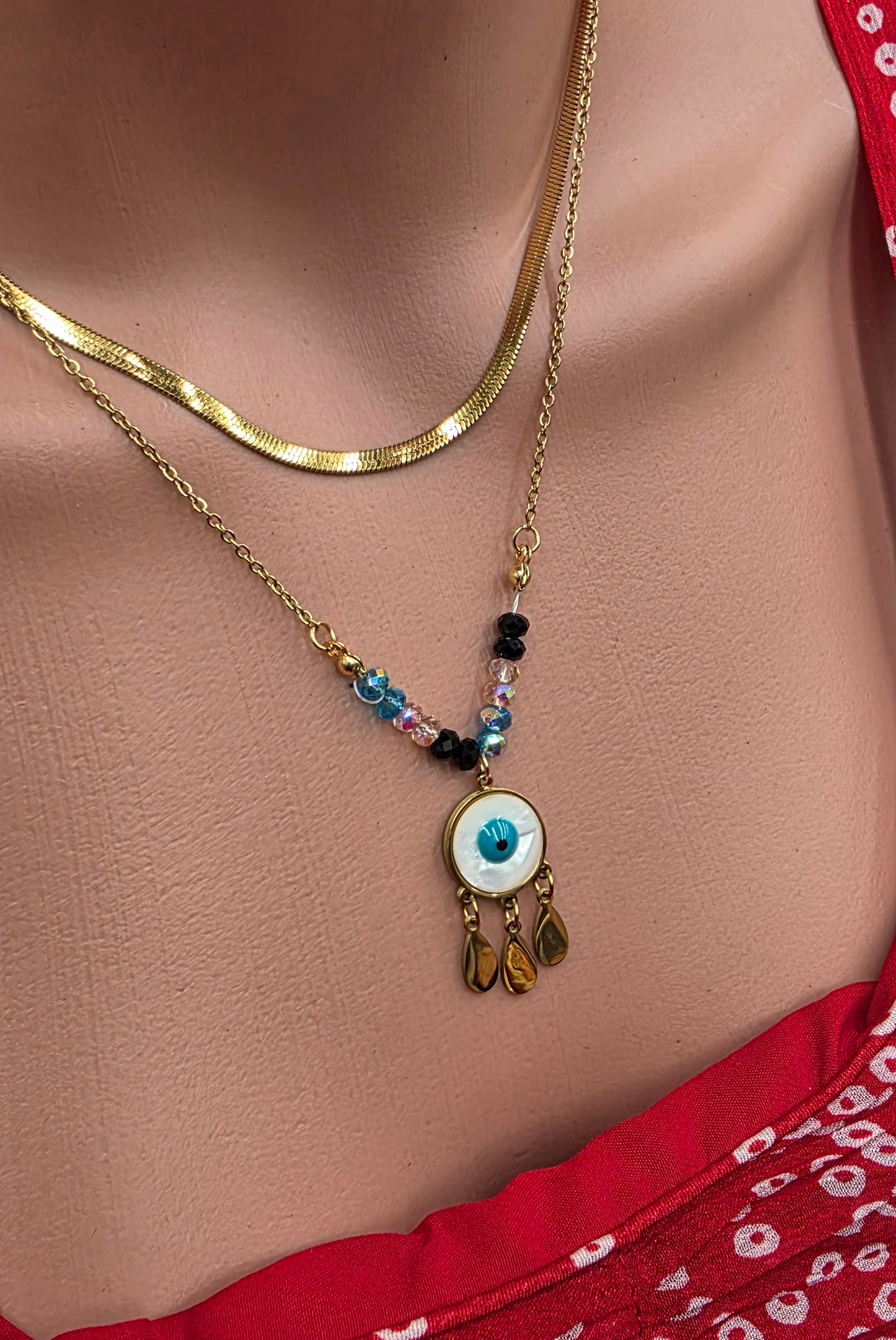 Blue Evil Eye Necklace – Double Chain, 18K Gold-Plated Waterproof