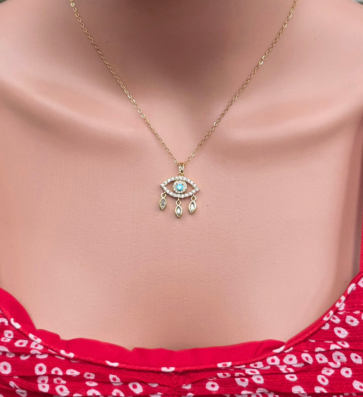 Blue Evil Eye CZ Necklace – 18K Gold-Plated Water Proof