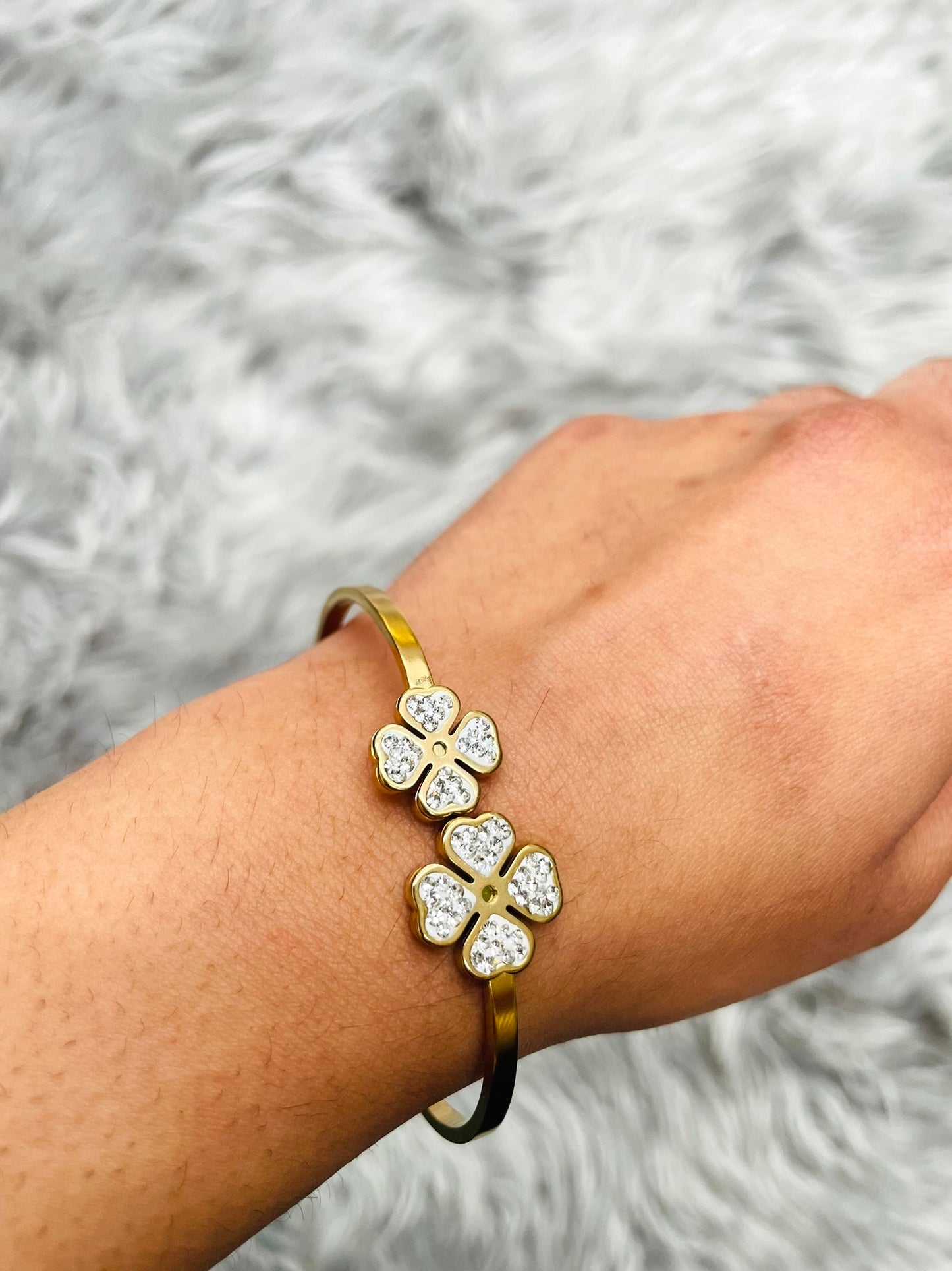 18K Gold Plated Clover Bracelet with CZ Stone – Waterproof & Adjustable