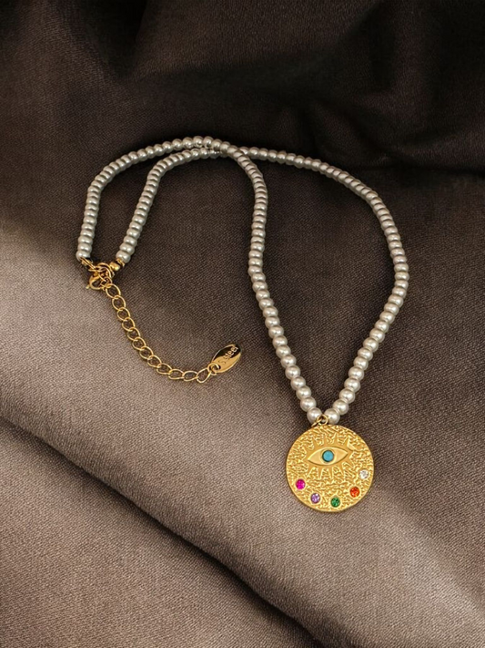8K Gold-Plated Evil Eye Necklace Pearl Chain – Waterproof & Tarnish-Resistant
