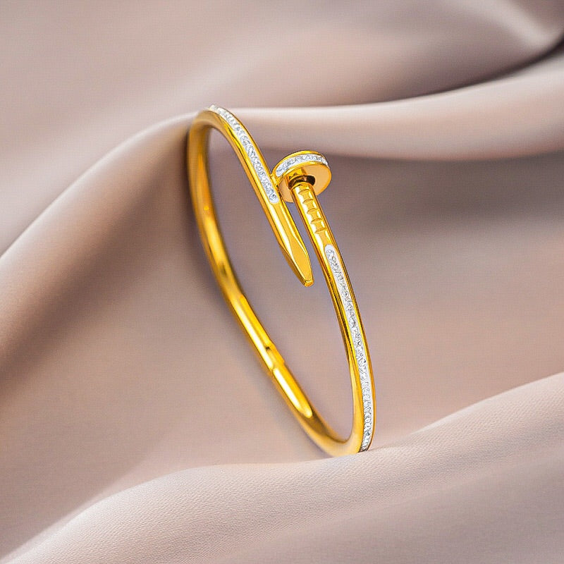 18K Gold Plated Nail Design Bracelet with CZ Stone – Anti Tarnish