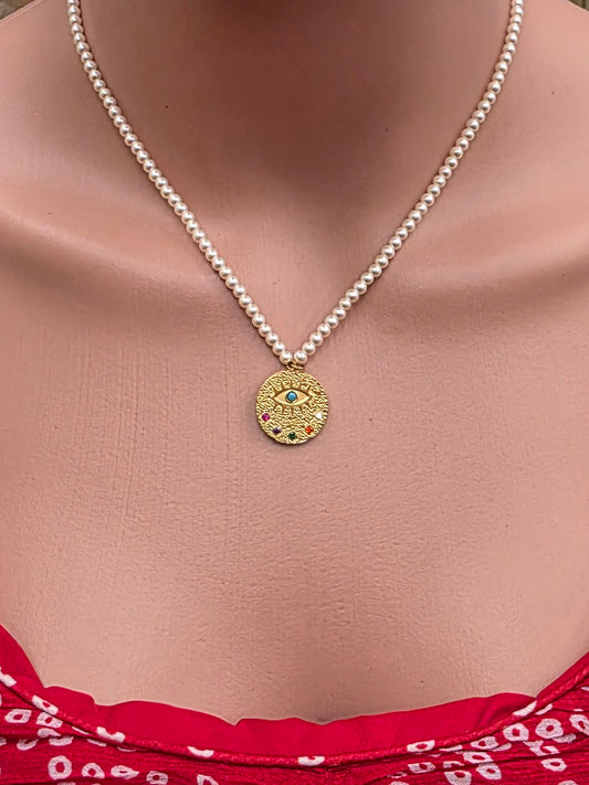 8K Gold-Plated Evil Eye Necklace Pearl Chain – Waterproof & Tarnish-Resistant