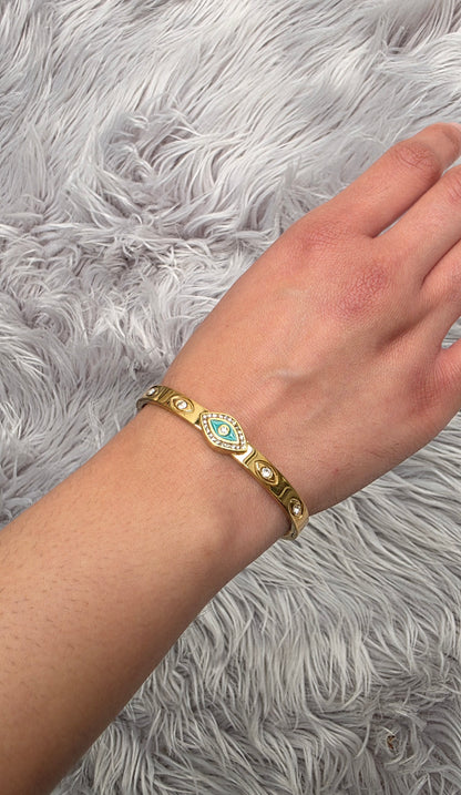 Green Evil Eye Cuff Bracelet – 18K Gold Plated, Waterproof & Hypoallergenic