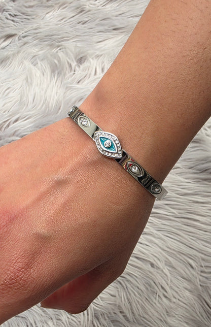 Evil Eye Cuff Bracelet with CZ Stones – Silver Plated, Waterproof & Hypoallergenic