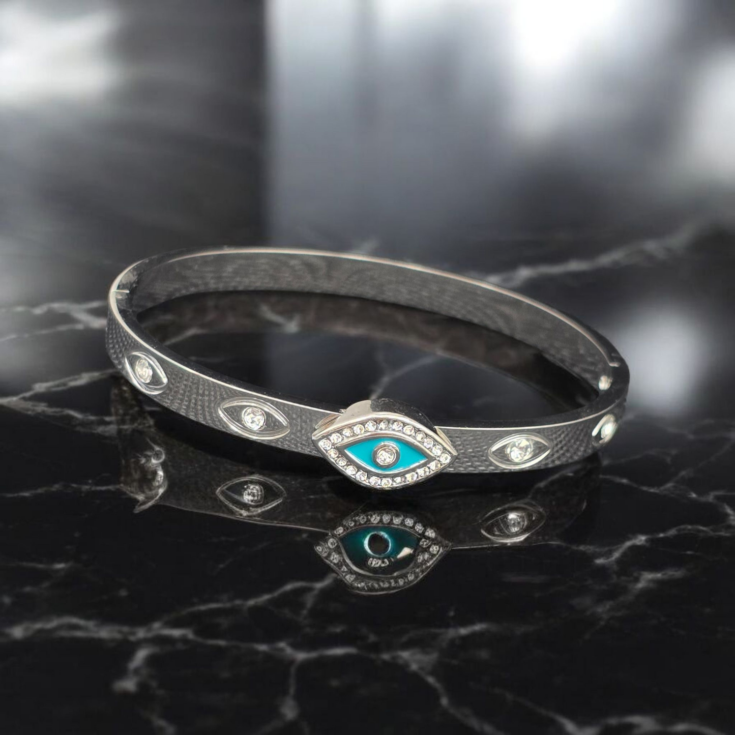 Evil Eye Cuff Bracelet with CZ Stones – Silver Plated, Waterproof & Hypoallergenic