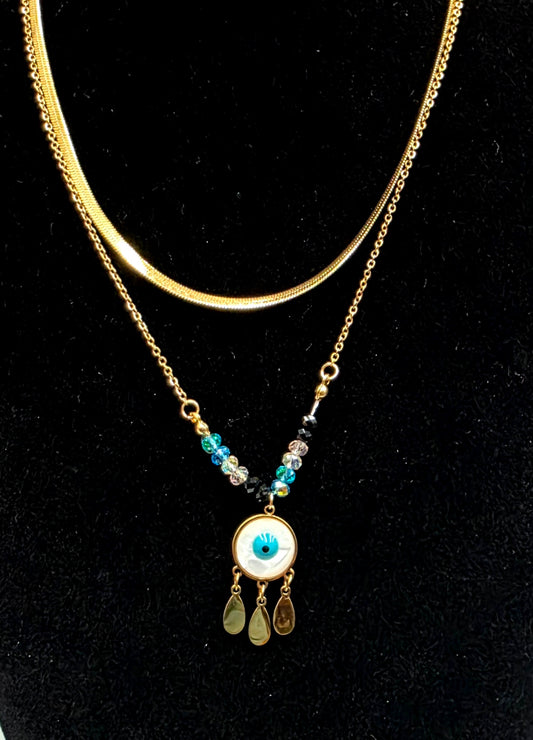 Blue Evil Eye Necklace – Double Chain, 18K Gold-Plated Waterproof