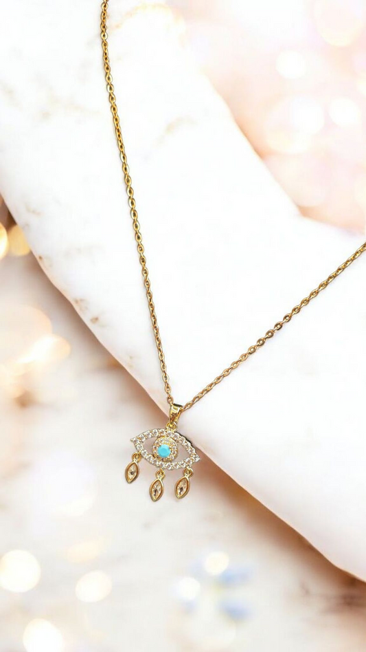 Blue Evil Eye CZ Necklace – 18K Gold-Plated Water Proof